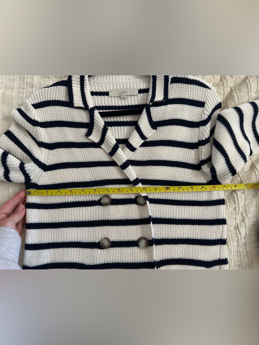 LOFT Striped Double-Breasted Knit Blazer - White & Navy Size Medium - Picture 8 of 10